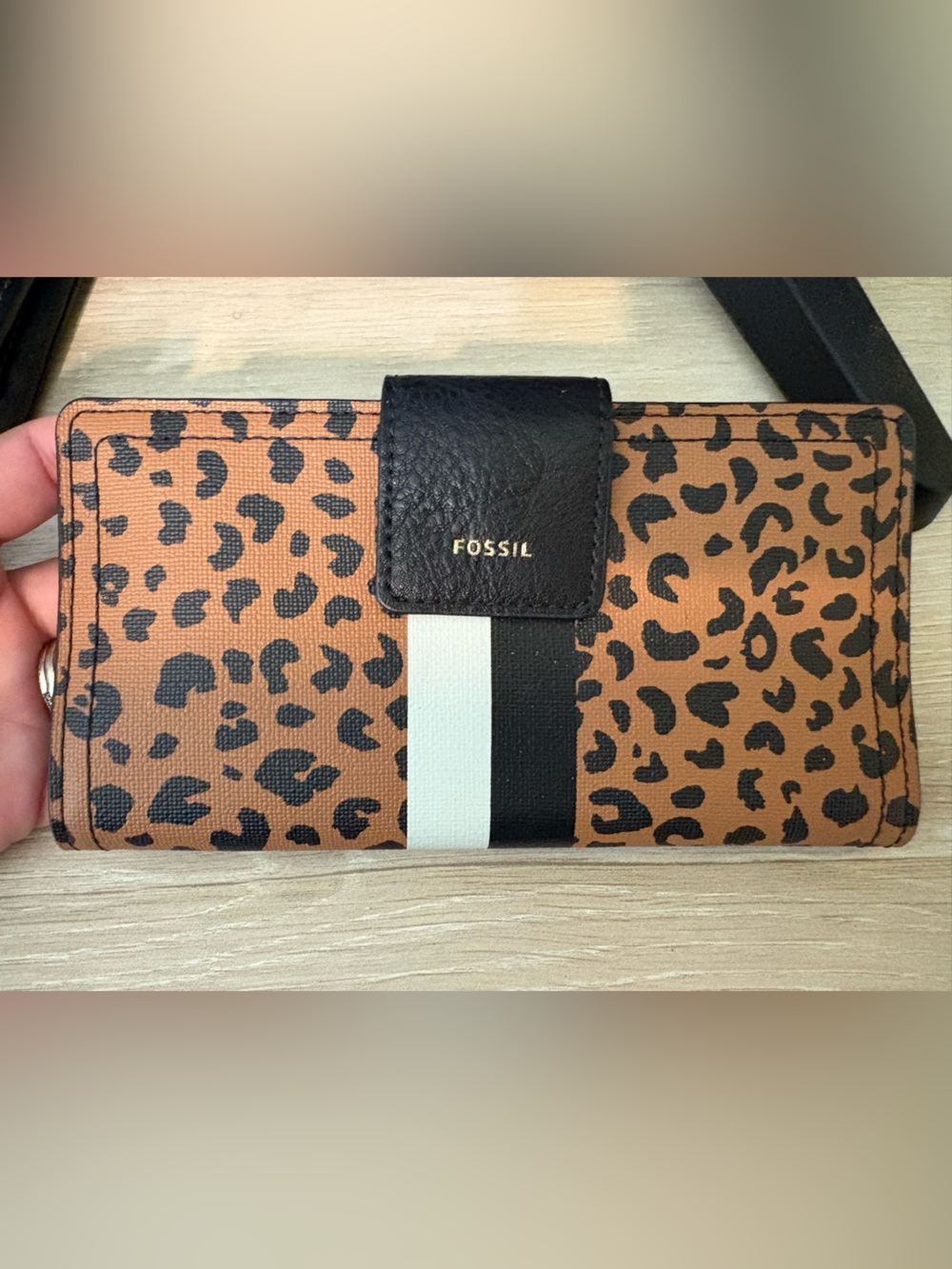 Fossil Leopard Print Tan and Black Wallet with Stripe